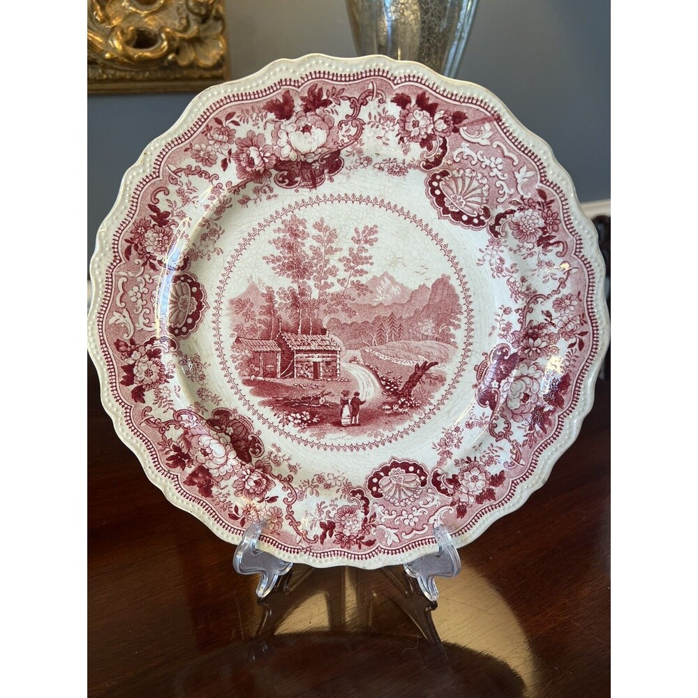 Staffordshire Red Transferware Plate Adams View Near Conway New Hampshire